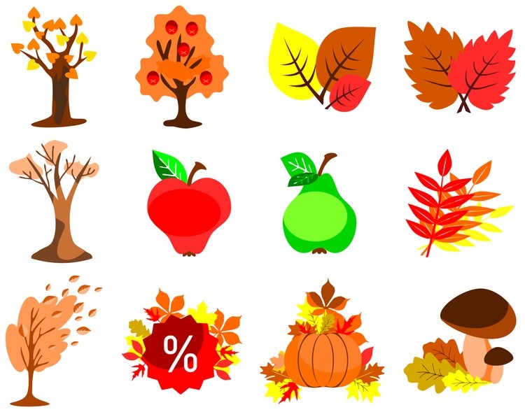 Set of drawings for decoration in autumn style (tree