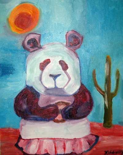 Panda Bear in Desert eating a donut wearing a tutu