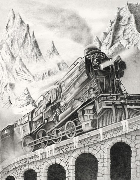 Locomotive on snowy bridge