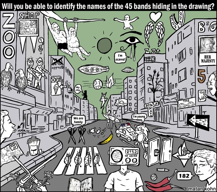 Will you be able to identify the names of the 45 bands hiding in the drawing?