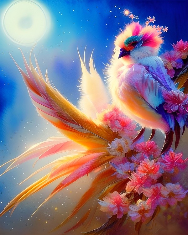 Pink floral bird and moon