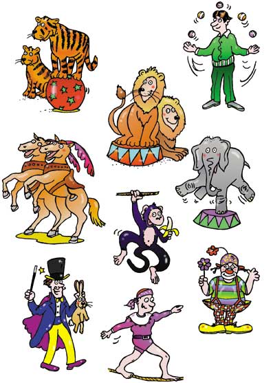 Circus cartoon characters for Big Red Bus book
