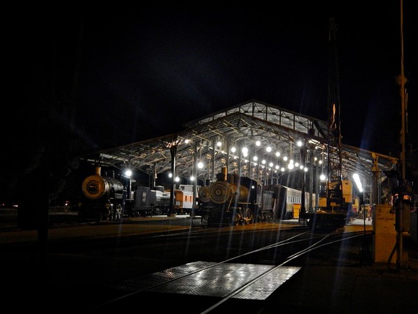 Train depot at night