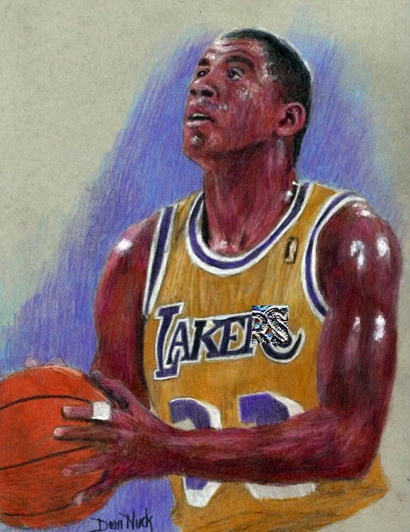 Magic Johnson At the Freethrow Line - Colored Pencil Drawing by Dean Huck