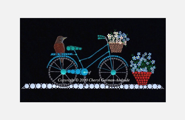 Robin Bird on Bicycle Pointillism Painting