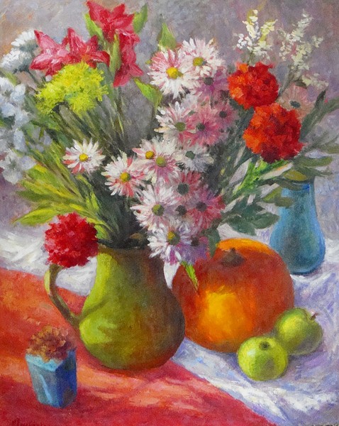 Still life with flowers and a pumpkin