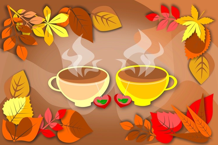 Two cups of hot tea or coffee on a background with bright autumn leaves