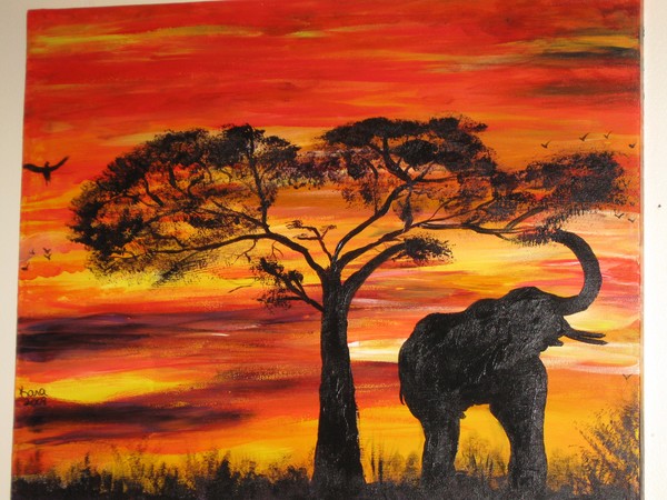 Elephant Red Sunset 16 x 20 Acrylic Canvas Paintin