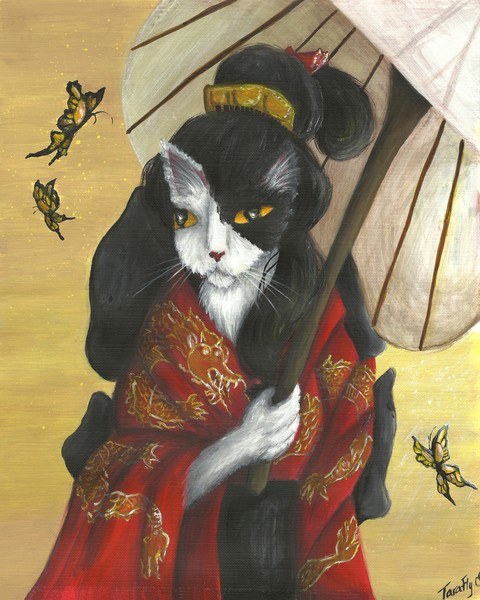 Cat Art - Red Kimono Gold Dragon