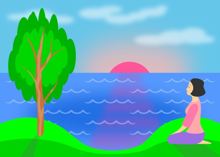 The girl is meditating on the shore