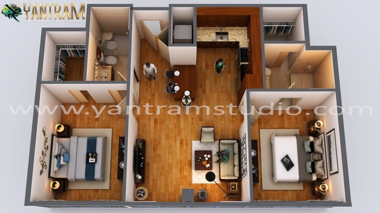 Residential apartment of 3d floor Plan designer by architectural modeling firm San Diego, California