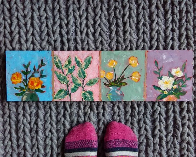 Colourful socks and paintings of flowers  acrylicpaintingcontemporaryartartworkpaintingflowerflorals