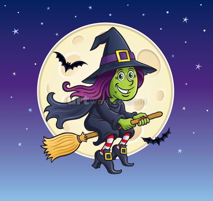 Witch Riding Broom with Full Moon