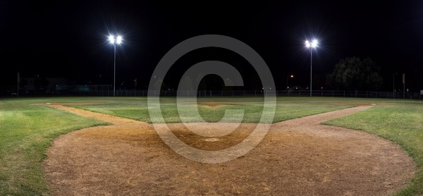 Panorama of Empty Baseball Field at Night