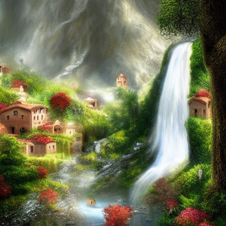 Mountain village and waterfall