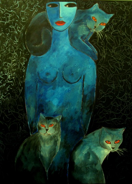 Catwoman with blue cats.