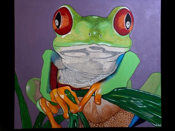 red eye tree frog with purple background.
