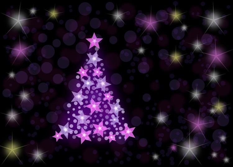 Lilac Christmas tree made of stars on a black background with circles and sparks