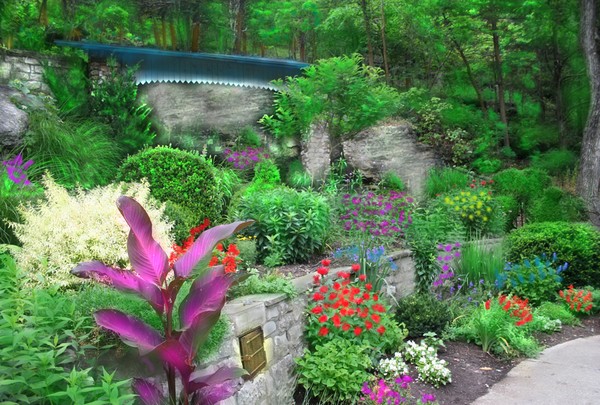 Lush Garden with Blue Bridge