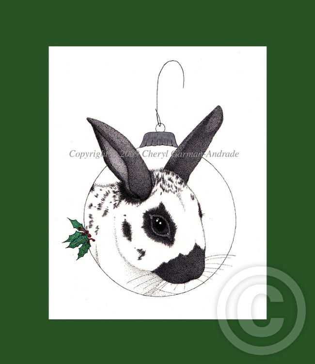 Christmas Rabbit Pen and Ink Pointillism 