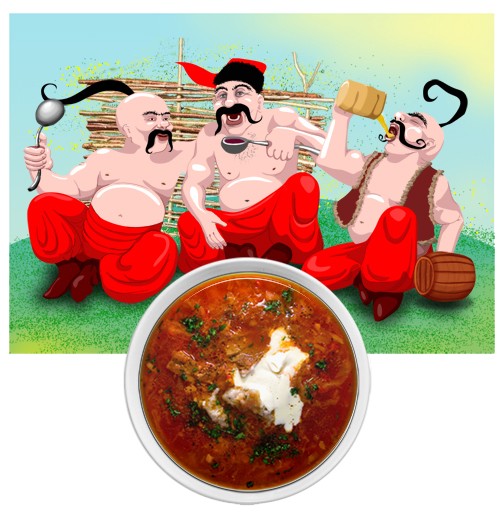 Ukrainian kossaks eating red soup