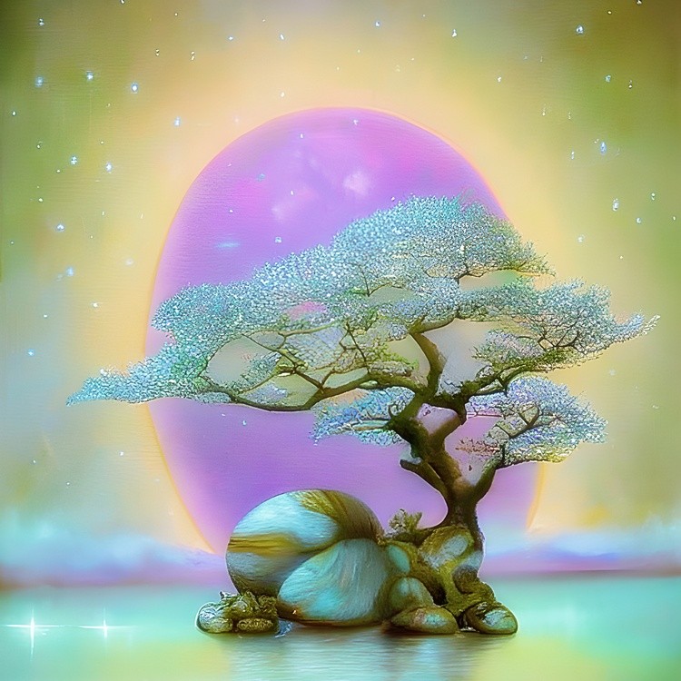 Soft bonsai and purple moon