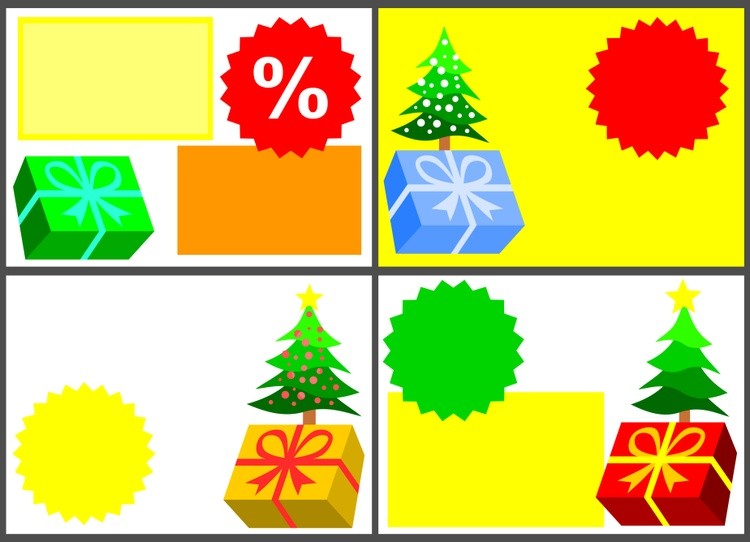 Four simple templates with colored gifts and Christmas trees for reporting discounts and promotions