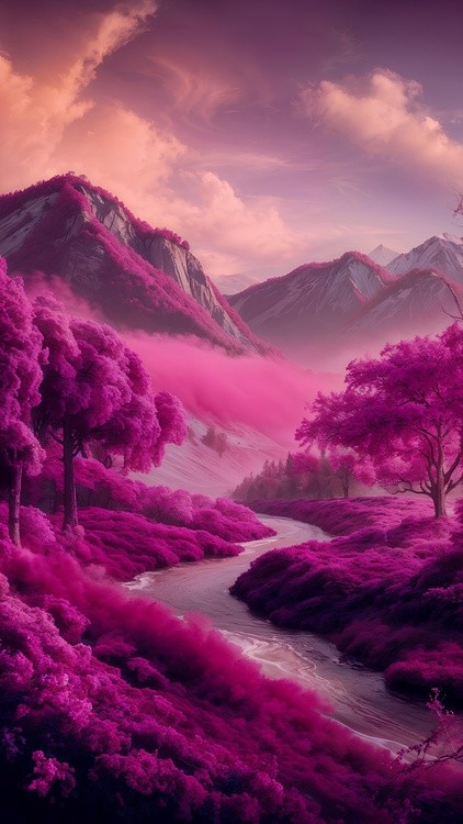 Pink-hued fantasy mountainous landscape