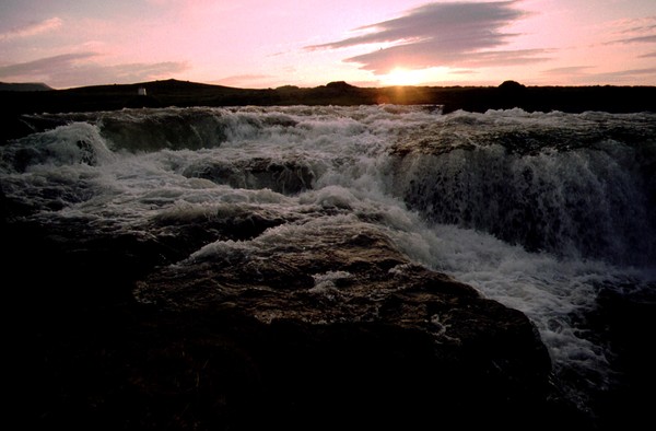 Icelandic   falls at  sunset