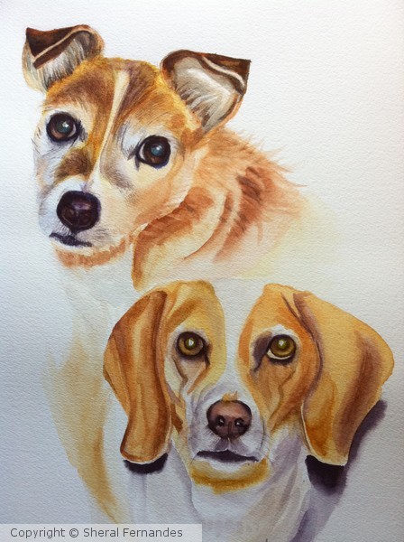 Commissioned Watercolor portrait of Winston & Coco