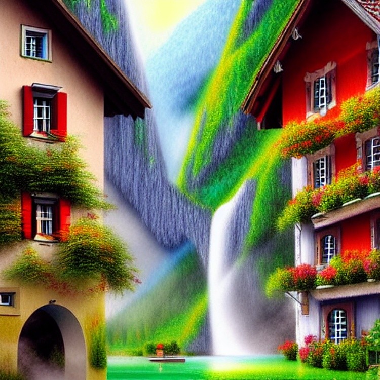 Swiss village and waterfall