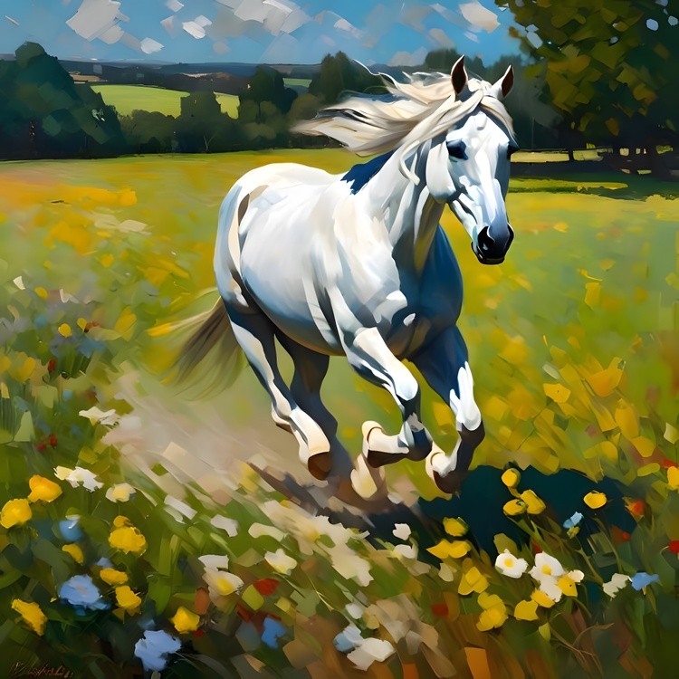 White Horse Running on a Wildflower Meadow