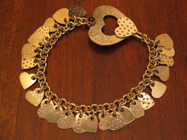 Handmade sterling heart charm bracelet w/amethyst