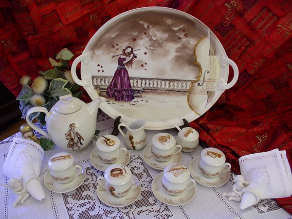 Hand painted tea service with musical motifs
