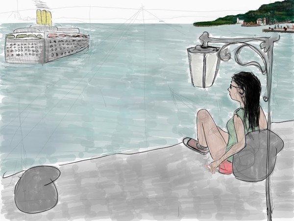 A girl looks a ship leaving Trieste