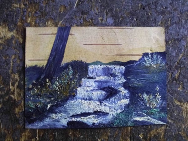 Waterfall #2 Oil Paint on Birch Bark 2 1/2 x 3