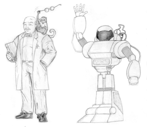 The Professor, Linda, and Dave the Robot SKETCH