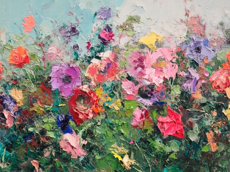 Spring Print, Flower Field Landscape Printable Art, Flower Meadow Oil Painting, Vintage Style decor,