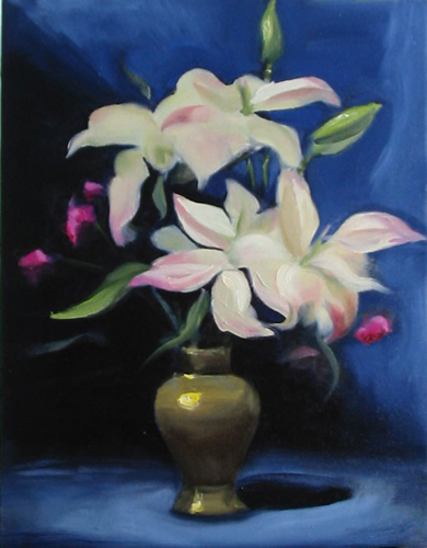 Lillies, Brass Vase, Blue Velvet