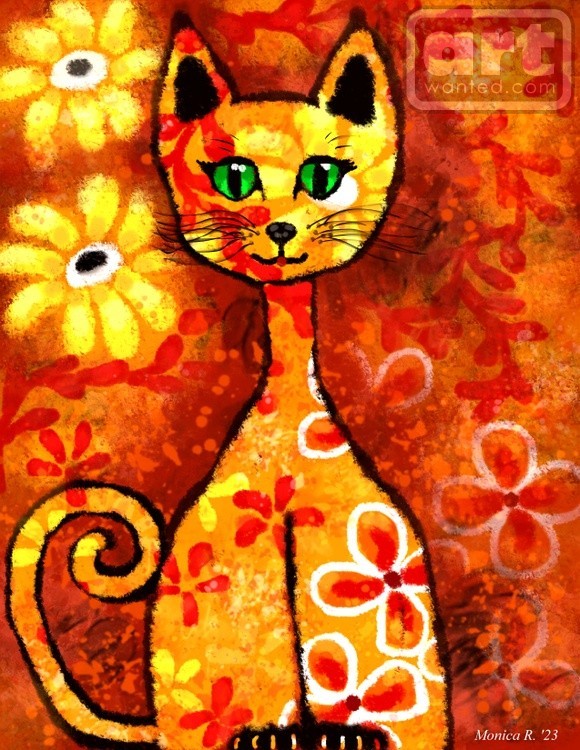 60s Flower Power Whimsical Abstract Cat