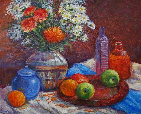 Still life with oranges and carnations