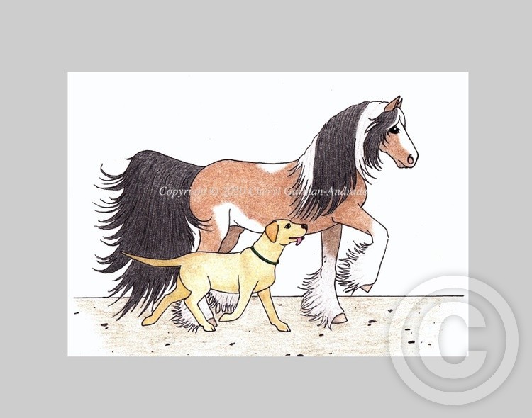Gypsy Vanner Horse & Yellow Lab Whimsical Illustration