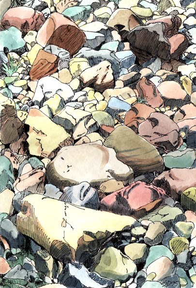 multicolored rocks from an empty riverbed