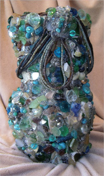 SOLD-TURQUOISE VASE W/BEADS #1VW-COLLAGE ART