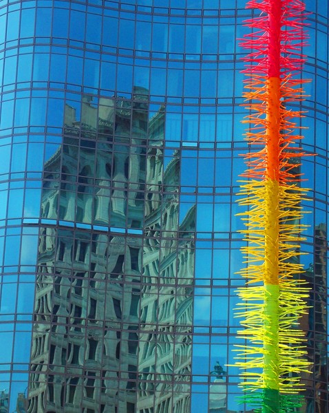 sculpture and building reflection