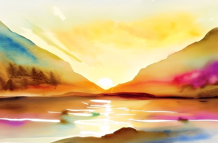Watercolor mountain lake sunset