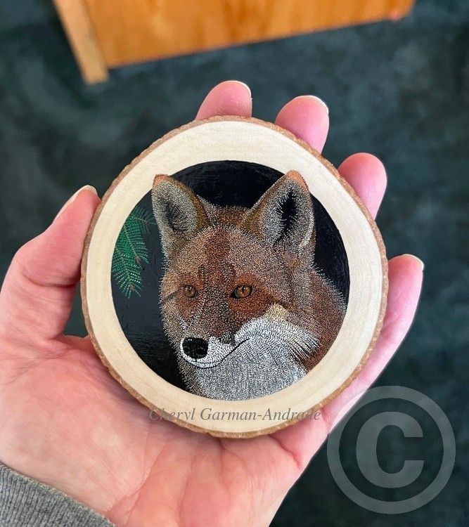 Red Fox Pointillism Wood Slice 