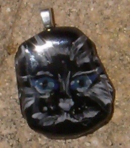 Black Kitty Face Pendant, HandPainted Fused Glass