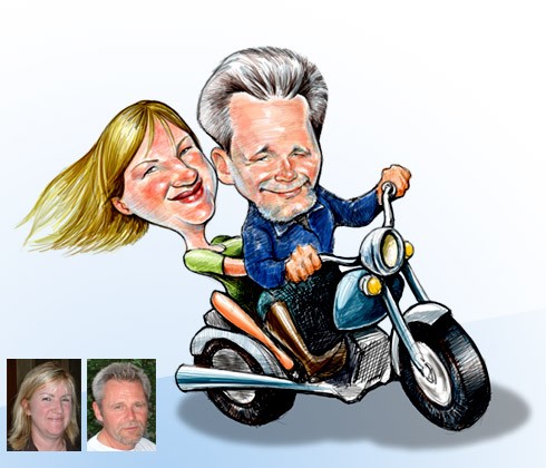 couple on motocycle caricature