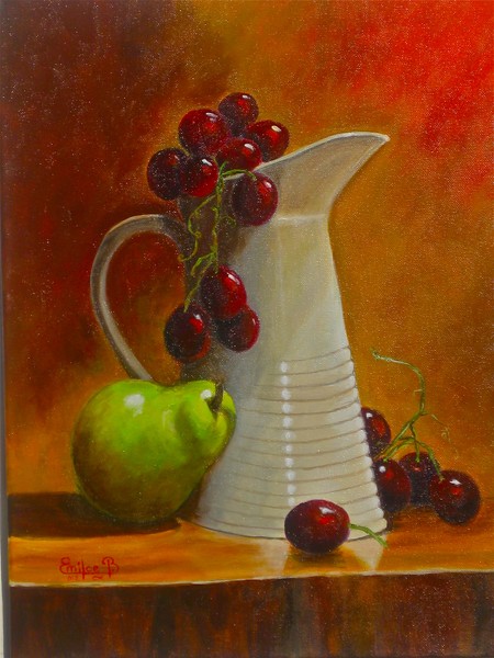 White jug and grapes